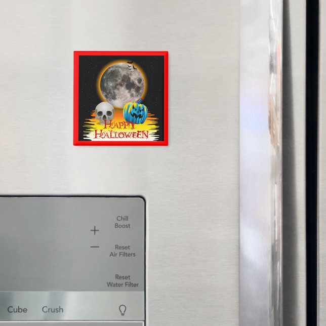 Aimant Pleine lune, crâne et Citrouille bleu la nuit. (In situ (réfrigérateur))