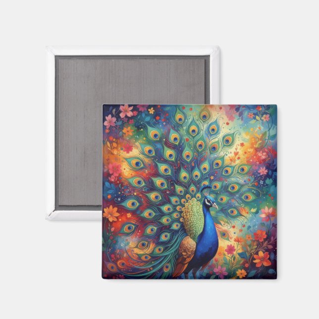 Aimant Plumes et fleurs de paon colorés (Recto/Verso)