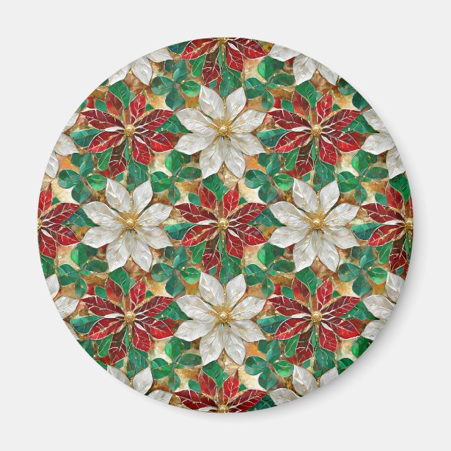 Aimant Poinsettia Blanc Rouge Vert Or (Devant)