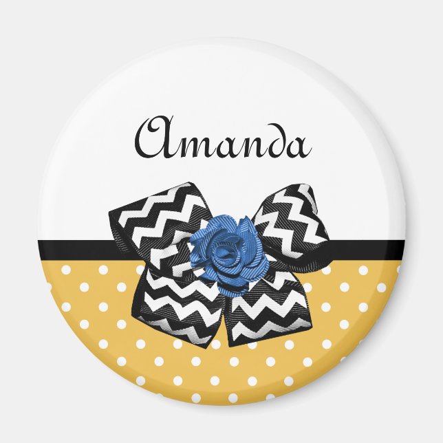 Aimant Points Jaunes Bleus Rose Chevron Bow avec nom (Devant)