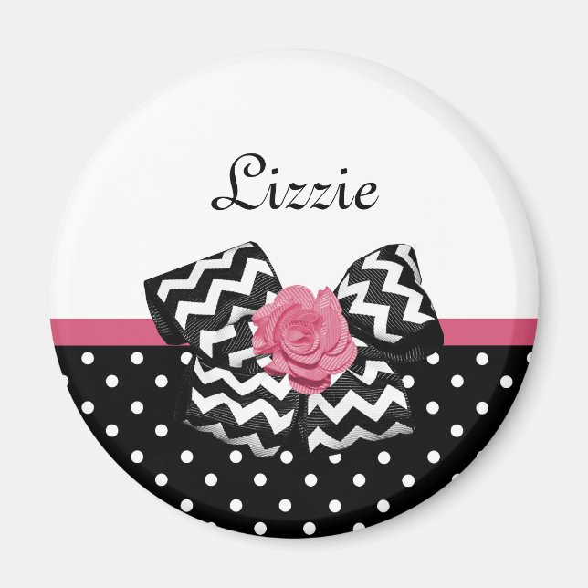Aimant Points noirs mignons Rose rose Chevron Bow et nom (Devant)