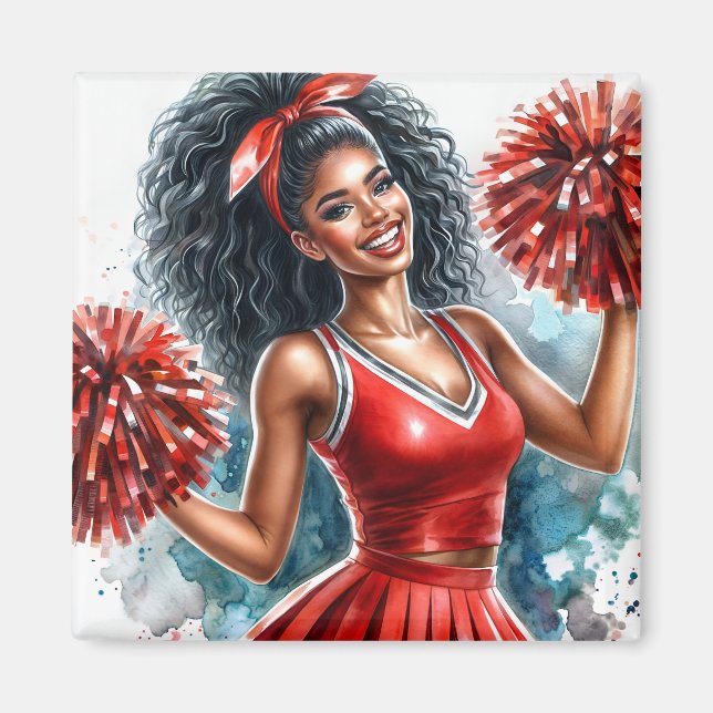 Aimant Pom-pom girl Afro-Américain En Aquarelle Rouge (Devant)