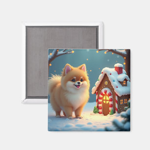 Aimant Pomeranian dans le village de pain d'épice de Noël