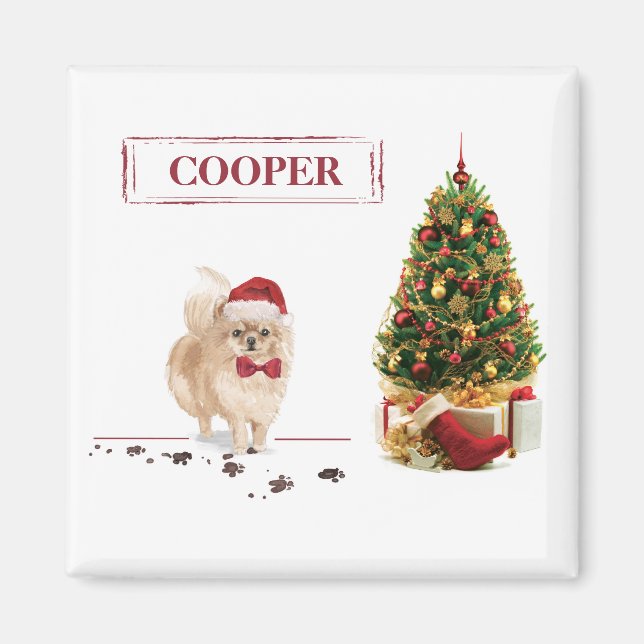 Aimant Pomeranian drôle de Noël Chien avec Arbre (Devant)