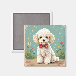 Aimant Poodle blanc adorable avec nœud papillon