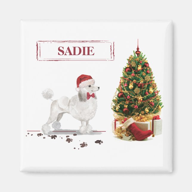 Aimant Poodle blanc Funny Chien de Noël avec arbre (Devant)