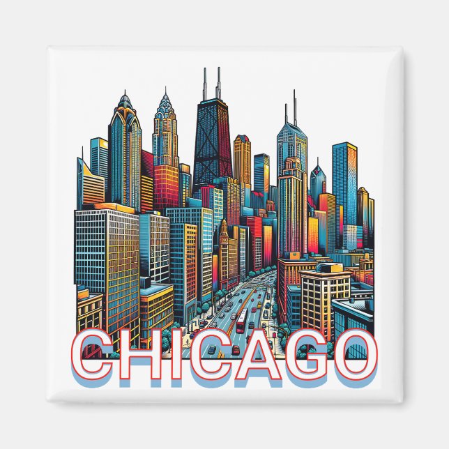 Aimant Pop art Comic Book Art Chicago Illinois Skyline (Devant)