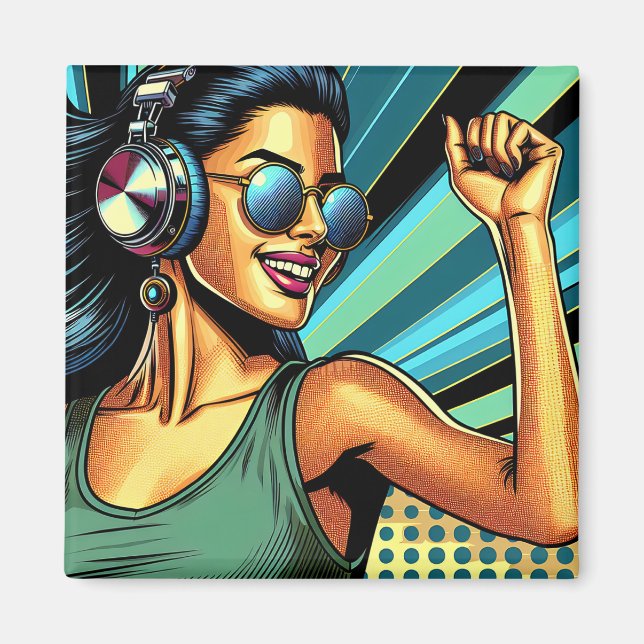 Aimant Pop Art Woman dans les casques danser (Devant)