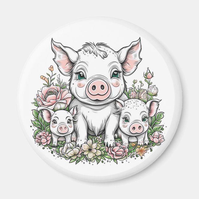 Aimant Porcs et cochons mignons en Fleurs (Devant)