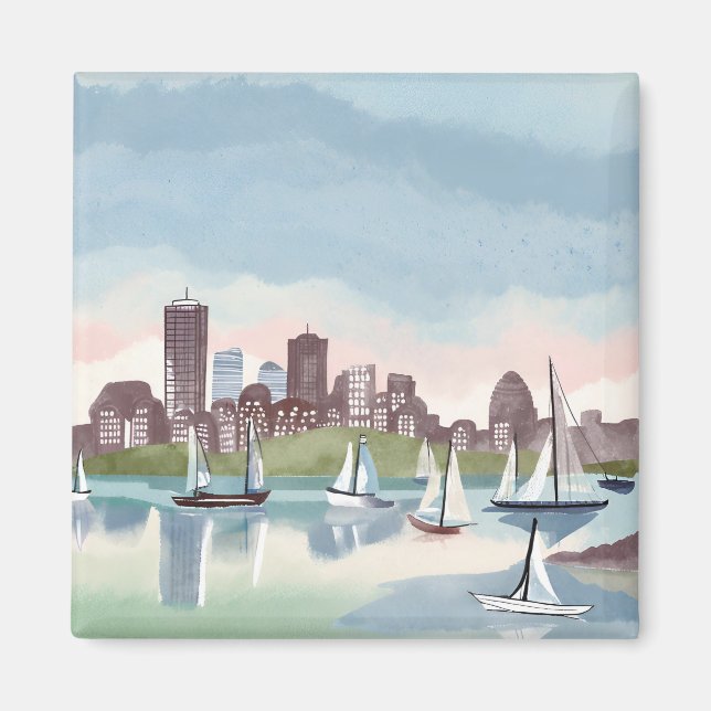 Aimant Port de Boston | Boston Massachusetts Aquarelle (Devant)