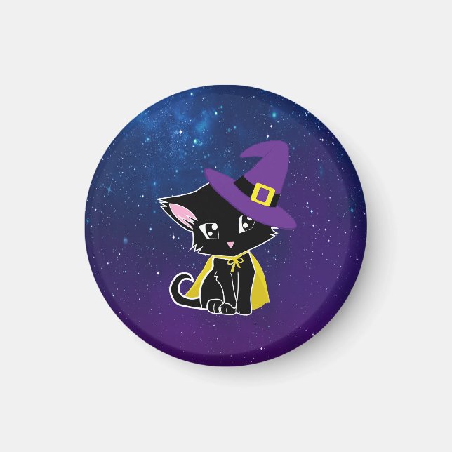 Aimant Porte-clés Chaton Noir Sorcier sous les Étoiles (Devant)