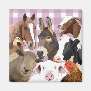 Aimant Portrait animal de ferme mignon En vichy Check - v
