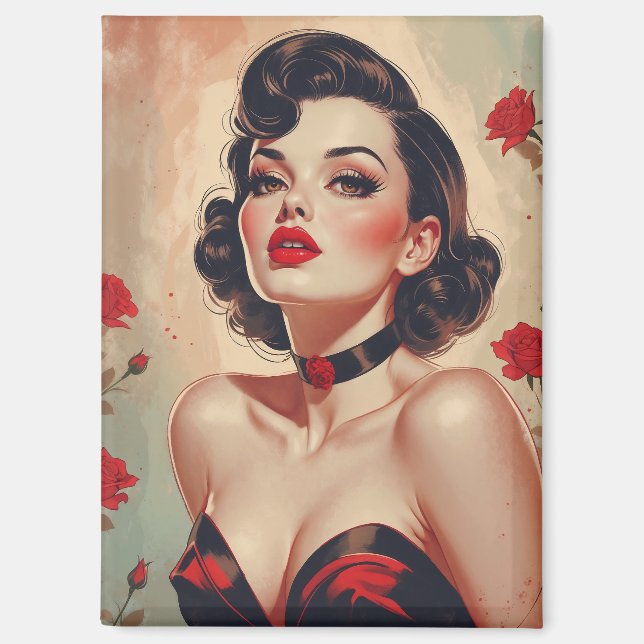 Aimant Portrait Brunette Pin Up Red Roses (Recto)