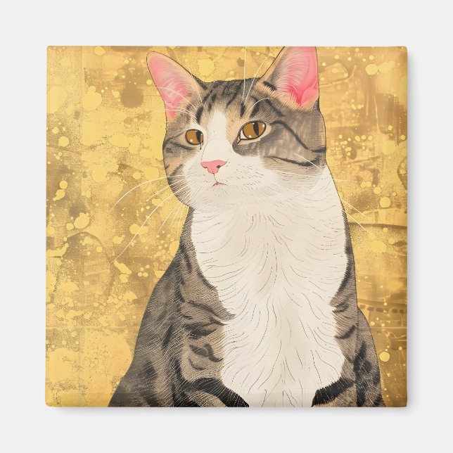 Aimant Portrait de chat blanc gris vintage (Devant)