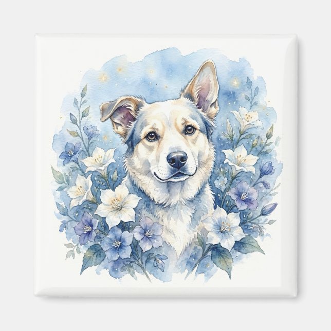Aimant Portrait de chien floral botanique à l'aquarelle (Devant)