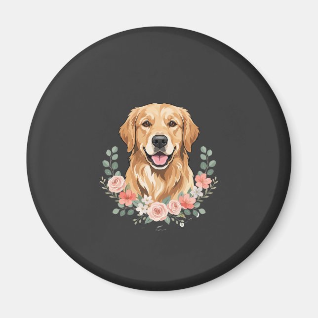Aimant Portrait de chien Retriever doré floral Sublimatio (Devant)
