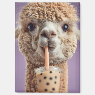 Aimant Portrait de lama en peluche buvant du thé aux bull