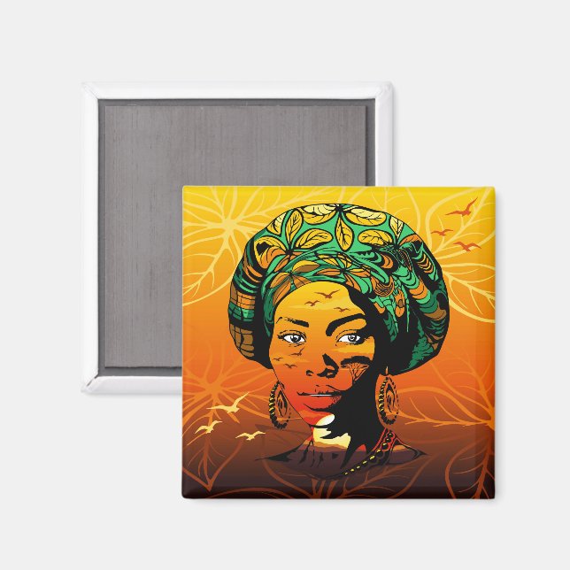Aimant Portrait féminin africain avec coucher de soleil (Recto/Verso)