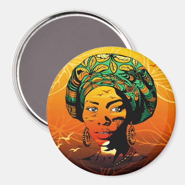 Aimant Portrait féminin africain avec coucher de soleil (Recto/Verso)