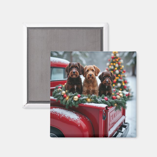 Aimant Portuguese Water Dog Christmas Red Truck Holiday (Recto/Verso)