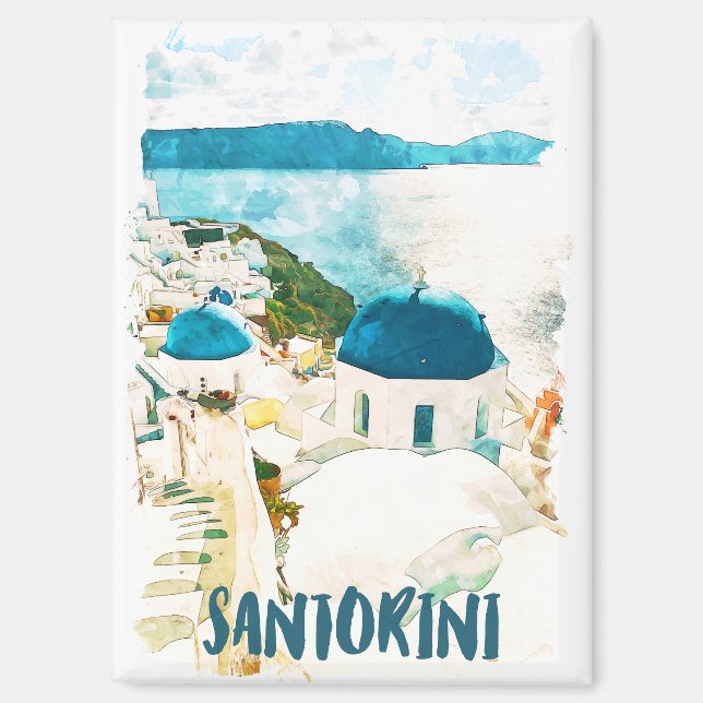 Aimant Poster de l'aquarelle de voyage de Santorini Grèce (Recto)