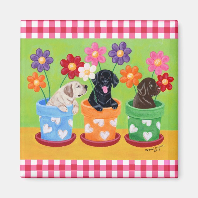 Aimant Pot à fleurs Labrador Chiots (Devant)