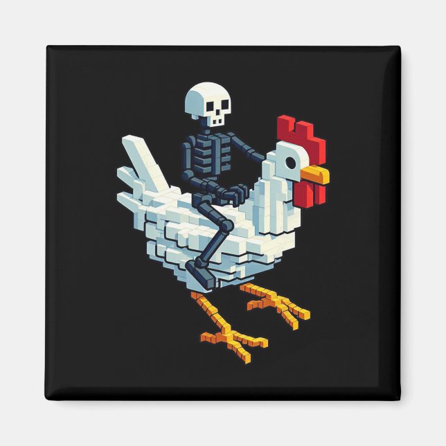 Aimant Poulet à cheval sur un squelette de style bloc pix (Devant)