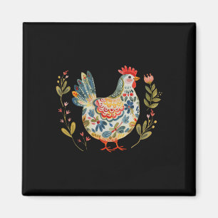 Aimant Poulet Boho Fleur Art Populaire Floral Fermier Pou