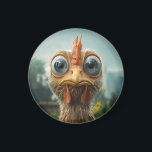 Aimant Poulet Drôle aux Grands Yeux en Gros Plan<br><div class="desc">Un gros plan très détaillé et humoristique d'un poulet aux grands yeux bleus exagérés,  aux plumes duveteuses et à l'expression idiote,  sur un fond extérieur flou avec des tournesols.</div>