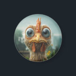 Aimant Poulet Drôle aux Grands Yeux en Gros Plan<br><div class="desc">Un gros plan très détaillé et humoristique d'un poulet aux grands yeux bleus exagérés,  aux plumes duveteuses et à l'expression idiote,  sur un fond extérieur flou avec des tournesols.</div>