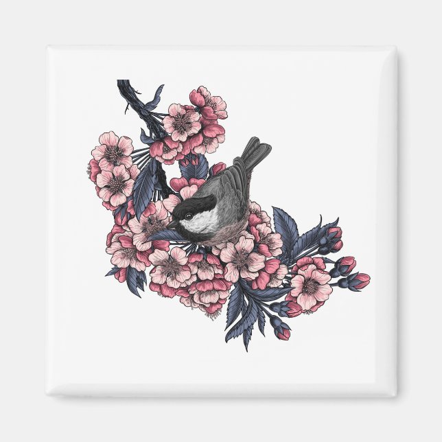 Aimant Poulet sur une branche de cerise en fleurs (Devant)