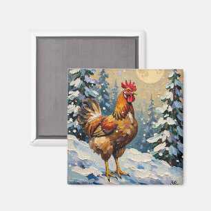 Aimant Poulet Vintage dans un Paysage de Noël enneigé