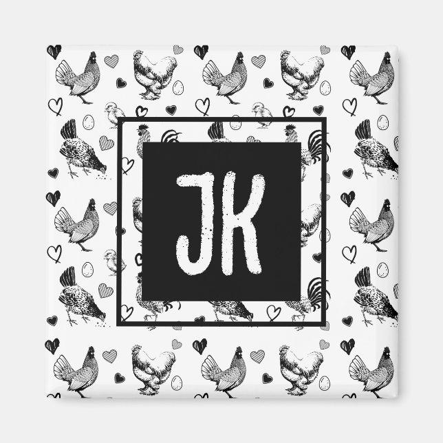 Aimant Poulets de dessin animé noir et blanc monogrammés (Devant)