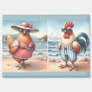 Aimant Poulets en maillots de bain au bord de la mer