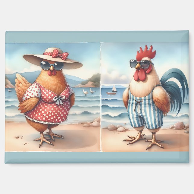 Aimant Poulets en maillots de bain en bord de mer (Recto)
