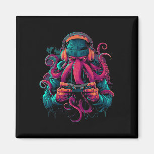 Aimant Poulpe portant un bonnet de jeu graphique rétro 