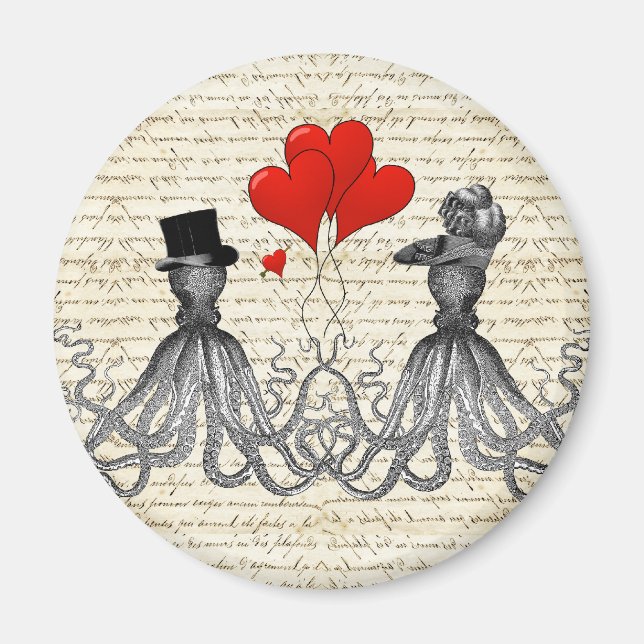 Aimant poulpe vintage et coeurs (Devant)