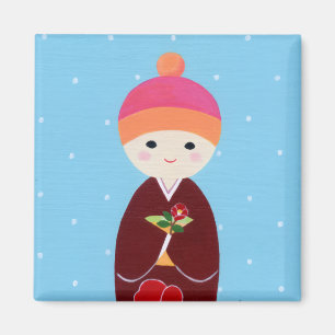 Aimant Poupée de Kokeshi avec le camélia