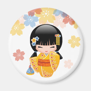 Aimant Poupée de Kokeshi d'été - fille de geisha jaune