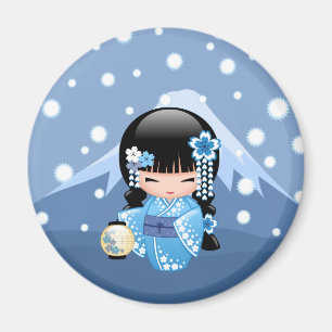 Aimant Poupée de Kokeshi d'hiver - fille de geisha bleue