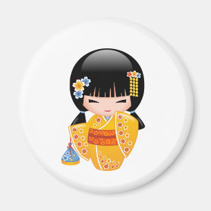 Aimant Poupée d'été Kokeshi - Kimono Jaune Geisha Girl
