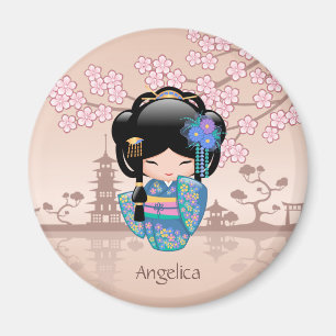 Aimant Poupée Keiko Kokeshi - Blue Kimono Geisha Girl