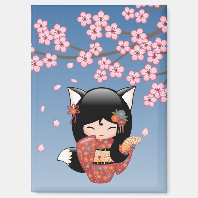 Aimant Poupée Kitsune Kokeshi - Black Fox Geisha Girl (Recto)