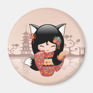 Aimant Poupée Kitsune Kokeshi - jolie fille Black Fox