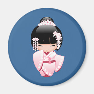 Aimant Poupée Kokeshi en Kimono Blanc - Jolie Fille Geish
