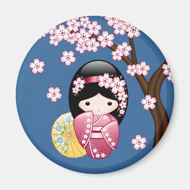 Aimant Poupée Kokeshi Printemps - Cute Geisha Japonaise s (Devant)