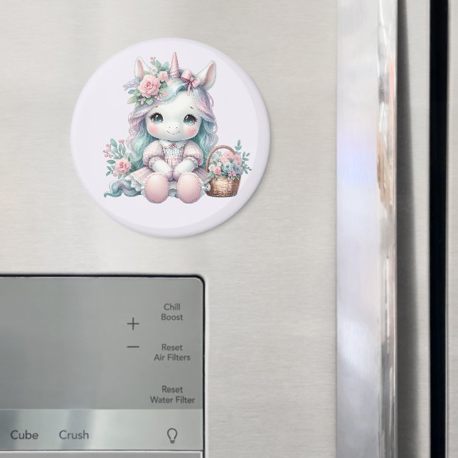 Aimant Poupée Licorne Kawaii Pastel avec Panier de Fleurs (In situ (réfrigérateur))
