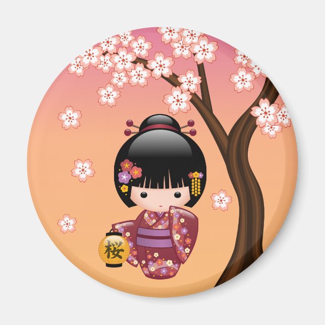 Aimant Poupée Sakura Kokeshi - Geisha Girl on Peach (Devant)