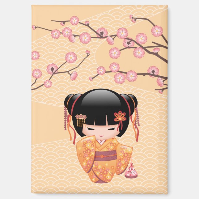 Aimant Poupée Ume Kokeshi - Japonaise Pêche Geisha Girl (Recto)