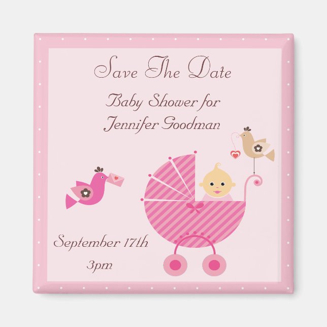 Aimant Poussette Rose & Oiseaux Enregistrer Le Baby showe (Devant)